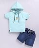 KIDZELLO Cotton Knit Half Sleeves Happy Text Applique Detailed Hooded Tee & Shorts Set - Green