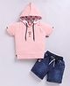 KIDZELLO Cotton Knit Half Sleeves Happy Text Applique Detailed Hooded Tee & Shorts Set - Peach