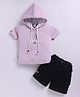 KIDZELLO Cotton Knit Half Sleeves Smiley Printed Hooded Tee & Shorts Set - Lavender
