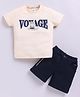 KIDZELLO Cotton Knit Half Sleeves Voyage Text Printed Tee & Shorts Set - Cream