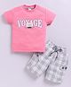 KIDZELLO Cotton Knit Half Sleeves Voyage Text Printed Tee & Checked Shorts Set - Pink