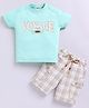 KIDZELLO Cotton Knit Half Sleeves Voyage Text Printed Tee & Checked Shorts Set - Green