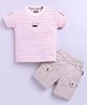 KIDZELLO Cotton Knit Half Sleeves Striped Tee & Shorts Set - Pink