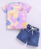 KIDZELLO Cotton Knit Half Sleeves Hello Text Printed Tee & Shorts Set - Lavender & Mustard