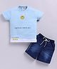 KIDZELLO Cotton Knit Half Sleeves Contrasts Contrasts Text Printed Tee & Shorts Set - Sky Blue