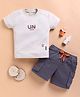KIDZELLO Cotton Knit Half Sleeves UN Text Printed Tee & Shorts Set - Fawn