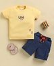 KIDZELLO Cotton Knit Half Sleeves UN Text Printed Tee & Shorts Set - Lemon