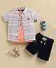 KIDZELLO Knit Half Sleeves Striped Shirt & Shorts With 08 Number Printed Tee - Light Orange