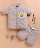 KIDZELLO Knit Half Sleeves Threadwork Embroidered Smiley Patch Detailed Coordinating Shirt & Shorts Set - Fawn