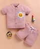 KIDZELLO Knit Half Sleeves Threadwork Embroidered Smiley Patch Detailed Coordinating Shirt & Shorts Set - Peach