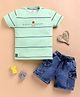 KIDZELLO Cotton Knit Half Sleeves Striped & Smiley Patch Detailed Tee & Shorts Set - Green