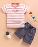 KIDZELLO Cotton Knit Half Sleeves Striped & Play Text Patch Detailed Tee & Shorts Set - Orange