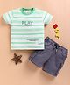 KIDZELLO Cotton Knit Half Sleeves Striped & Play Text Patch Detailed Tee & Shorts Set - Green