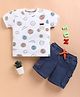 KIDZELLO Cotton Knit Half Sleeves Smiley Face Printed Tee & Shorts Set - White & Navy Blue