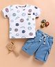 KIDZELLO Cotton Knit Half Sleeves Smiley Face Printed Tee & Shorts Set - White & Blue