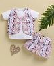KIDZELLO Textile Knit Half Sleeves Tee & Shorts With Floral Printed Coat Set - Pink