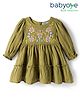 Babyoye 100% Cotton Woven Full Peasant Sleeves Frock with Floral Embroidery - Olive Green