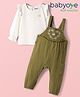 Babyoye 100% Cotton Woven Floral & Bunny Embroidered Dungaree with Full Sleeves Inner Tee - Green