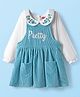 Babyhug Cotton Knit Frock with Full Sleeves Peter Pan Collar Inner Tee Floral & Text Embroidery - Light Blue