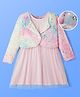 Hola Bonita Knit Foil Mesh Party Dress With Full Sleeves Fur Jacket - Pink