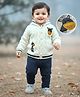 Babyhug Knitted Full Sleeves Front Open Hooded Sweater Set With Cable Knit Design & Giraffe Embroidery - White & Navy Blue