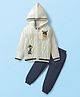 Babyhug Knitted Full Sleeves Front Open Hooded Sweater Set With Cable Knit Design & Giraffe Embroidery - White & Navy Blue