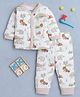 BUMZEE Cotton Knit Full Sleeves Front Open Animal Printed Co-Ords Night Suit - Beige