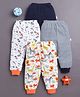 BUMZEE Cotton Knit Full Length Lounge Pants with Stripes & Space Animal Print Pack of 4 - White & Navy Blue