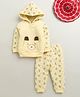 Bumzee Knit Full Sleeves Hooded Winter Wear Set With Kangaroo Pocket Bear Print & Applique - Yellow