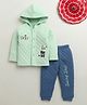 Bumzee Knit Full Sleeves Hooded Winter Wear Set with Panda & Text Print - Light Green & Navy Blue