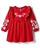 Babyhug Cotton Knit Full Sleeves Frock With Floral Embroidery Bow Applique & Frill Detailing - Red