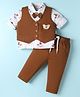 WOW Clothes Muslin Knit Full Sleeves 3 Piece Party Suit With Bow Bear Print & Applique - Brown
