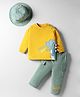 WOW Clothes Looper Knit Full Sleeves T-Shirt & Pant with Dino Print & Cap - Yellow & Teal Blue