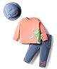 WOW Clothes Looper Knit Full Sleeves T-Shirt & Pant with Dino Print & Cap - Peach & Blue