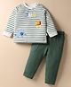 WOW Clothes Looper Knit Full Sleeves T-Shirt & Lounge Pant Set With Animal Embriodery - Dark Green