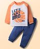 Doodle Poodle 100% Cotton Knit Full Raglan Sleeves Text Printed  T-Shirt & Lounge Pant Set - Dark Peach Blue & White