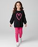 Mark & Mia Cotton Knit Full Raglan Sleeves Winter Wear Top & Lounge Pant Set with Heart Graphics and Frill Detailing - Black & Pink