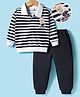 Mark & Mia Fleece Knit Full Sleeves Oversize Winter Wear Polo T-Shirt & Joggers Set with Bear Applique Stripes & Collar Detailing - Black & White