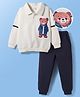 Mark & Mia Knit Full Sleeves Fleece Winter Wear Oversized T-Shirt & Lounge Pant Set With Bear Badge - White & Navy Blue