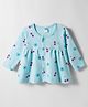 Tango Interlock Knit Full Sleeves Front Open Frock with Floral & Cherry Print - Aqua Blue
