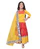 Vaanee Designz Georgette Woven Three Fourth Sleeves Bandhani Designed Gota Lace Embellished Lehenga Choli With Dupatta Set - Red & Yellow