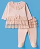 ToffyHouse Interlock Knit Full Sleeves Top & Footed Leggings Set With Floral Lace Detailing & Bow Applique - Peach
