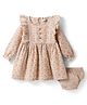 ToffyHouse 100% Woven Cotton Yarn Dyed Full Sleeves Frill Detailed Frock With Floral Print & Bloomer - Beige