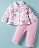 ToffyHouse Cotton Knit Full Sleeves Peter Pan Collared Floral Printed Front Open Top & Lounge Pant Set - Pink & White