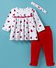 ToffyHouse 100% Cotton Knit Full Sleeves Strawberry Printed Top & Leggings Set with Headband & Bow Detailing - Red & White