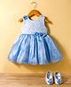 Bluebell Tissue Woven Sleeveless Party Frock With Floral Applique & Booties - Blue