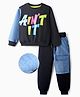 OLLINGTON ST. Cotton Full Sleeves Text Printed Top & Denim Pant Set - Black & Blue
