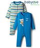 Babyoye 100% Cotton Knit Eco Jiva Finish Full Sleeves Rompers With Stripes & Animal Print Pack of 2 - Blue & White
