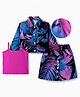 OLLINGTON ST. Cotton Knit Twill Co-Ord Set Full Sleeves Jacket & Skirt With Inner Knit Top & Leave Print - Dark Pink & Multicolor