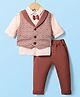 Mini Taurus 100% Cotton Full Sleeves 3 Piece Party Wear With Stripes & Bow Applique - Light Brown